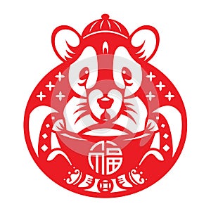 Red paper cut art rat chinese zodiac hold money ingot vector design