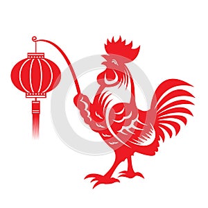 Red paper cut a chicken bantam holding lanterns zodiac symbols photo