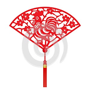 Red paper cut a chicken zodiac and flower in folding fans symbols