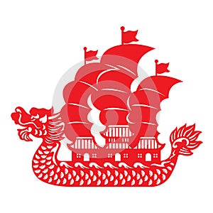 Red paper cut Dragon Chinese junk boat vector design