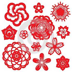 Red paper cut flowers china vector set design photo