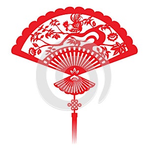 Red paper cut rooster chicken on tree in china fan isolate vector design