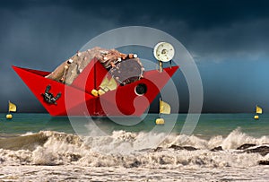 Red paper fishing boat with fishing nets in a rough sea