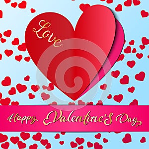 Red paper heart Valentines day card with sign on blue background