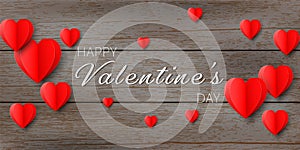 Red paper hearts on vintage wooden background, Valentine concept