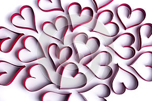 Red paper hearts on the white background. Valentine background concept with typical symbols of love.