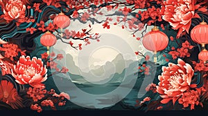 Red paper lanterns in Asian style, red flowers against the background of Asian nature, silhouettes of mountain peaks
