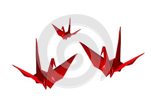 Red paper origami birds on white background. Japan pigeon origami flying bird abstract background for di-cut for design
