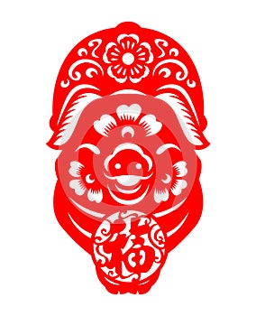 Red paper pig zodiac hold Chinese word mean Good Fortune in circle sign vector design
