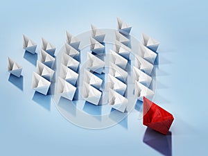 Red paper ship leading white regular paper ships. 3D illustration