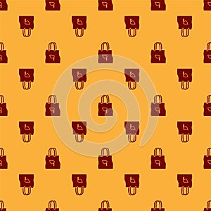 Red Paper shopping bag with recycle icon isolated seamless pattern on brown background. Bag with recycling symbol