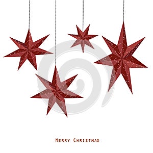 Red paper stars lights garland Merry Christmas happy new year greeting card
