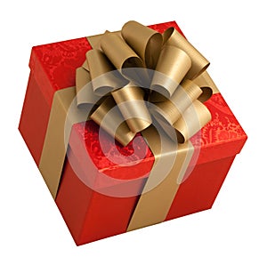 Red paper wrap gold bow gift box isolated