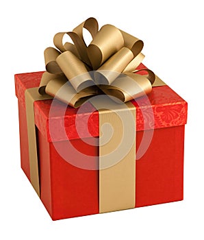 Red paper wrap gold bow gift box isolated