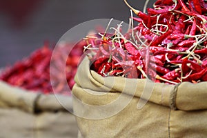Red paprica in traditional vegetable market. photo