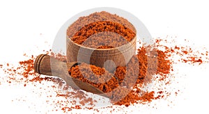 Red paprika powder in wooden bowl and scoop isolated on white background