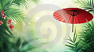 Red Parasol in Lush Tropical Garden