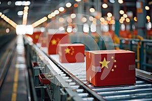 Red parcels with gold stars in the form Chinese flag moving on a conveyor belt