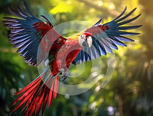 Red parrot in fly. Scarlet Macaw Ara macao in tropical forest Costa Rica Wildlife scene from tropic nature