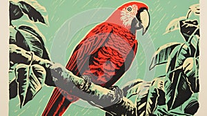 Red Parrot Perched On Branch: A Shepard Fairey Inspired Lino Print photo