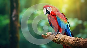 Red parrot Scarlet Macaw, Ara macao, bird sitting on the branch, Colombia. Beautiful parrot on green tree in nature