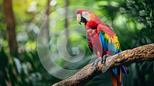Red parrot Scarlet Macaw, Ara macao, bird sitting on the pal tree trunk, Panama. Wildlife scene from tropical forest