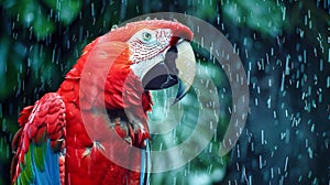 Red Parrot Standing in Rain