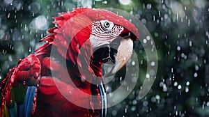Red Parrot Standing in Rain