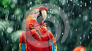 Red Parrot Standing in Rain