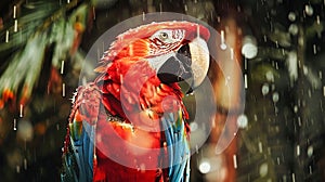 Red Parrot Standing in Rain