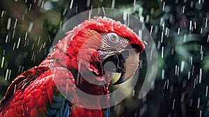 Red Parrot Standing in Rain