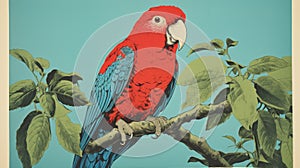 Red Parrot: A Vibrant Pop Art Silkscreening In Minimalist Style