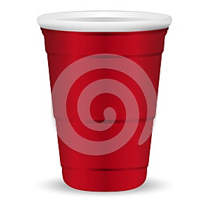 Red party cup realistic 3d vector illustration. Disposable plastic or paper container mockup for drinks and fun games isolated on