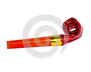 Red party horn whistle noisemaker isolated on the white background