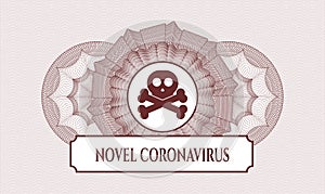 Red passport emblem. Vector Illustration. Detailed with crossbones icon and Novel Coronavirus text inside
