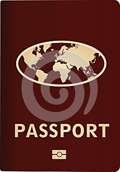 Red passport on with world map photo