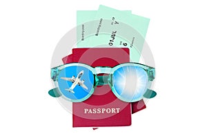 Red passports, boarding pass, flight tickets, sunglasses, plane, sun, sky, summer holidays, vacation, airplane travel, tourism