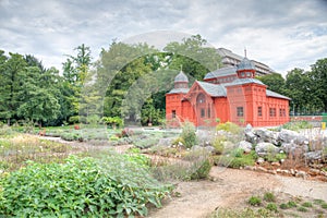 Red pavilion at botanical garden in Zagreb, Croatia