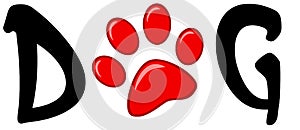 Red paw print in the word dog