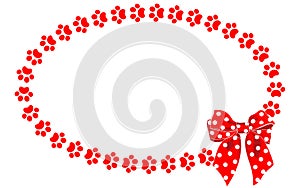 Red paw prints of pets oval frame with a tied bow