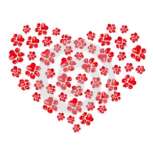 Red paw track hearts on transparent background. Hand drawn vector illustration.