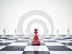 Red pawn ahead of white pawns. 3D Rendering