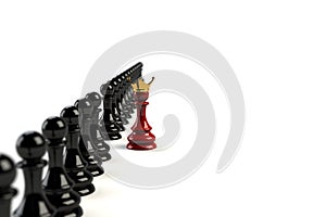 Red pawn of chess, standing out from the crowd on white background, Business leadership, Teamwork power and confidence concept