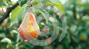 Red pear apples hang on a branch in an apple orchard