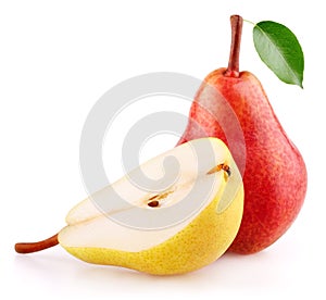 Red pear fruit with leaf and half of yellow pear