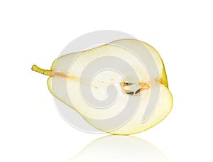 Red pears cut pieces on white background.