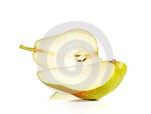 Red pears cut pieces on white background.