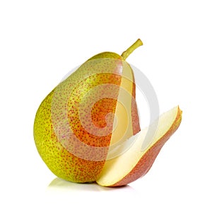Red pears cut pieces on white background.