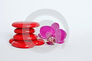 Red pebbles arranged in zen lifestyle with a dark pink orchid on the right side on white background