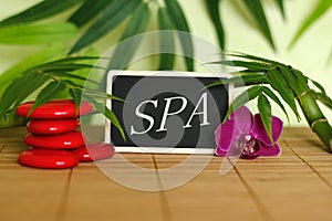 Red pebbles arranged in Zen lifestyle with an orchid, a lighted candle, a bamboo branch and foliage with the message spa on the sl
